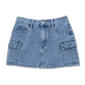 Light Stone Washed Denim Mini Skirt with Cargo Pockets - Festival Cowgirl Chic